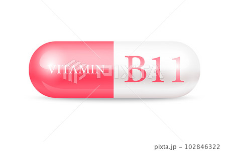 Capsule vitamin B11 (Thiamine) structure pink red, white. 3D Vitamin complex with chemical formula. Drug business concept. Personal care, beauty concept. Vector Illustration. transparent capsule pill. Capsule vitamin B11 (Thiamine) structure pink red, white. 3D Vitamin complex with chemical formula. Drug business concept. Personal care, beauty concept. Vector Illustration. transparent capsule pill. 102846322