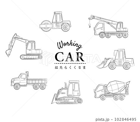 働く車 モノクロ線画イラストセット 重機 働く車 モノクロ線画イラストセット 重機 102846495