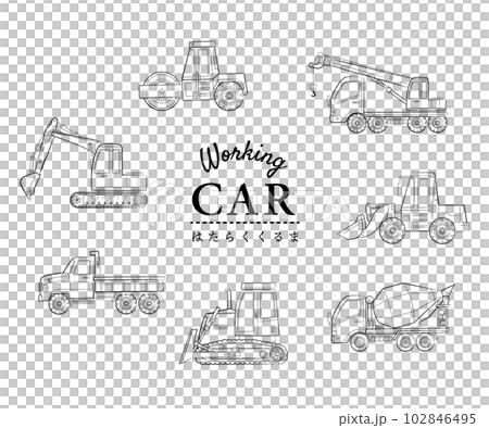 働く車 モノクロ線画イラストセット 重機 働く車 モノクロ線画イラストセット 重機 102846495