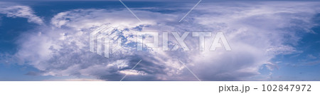 Dark blue sunset sky panorama with puffy Cumulus clouds. Seamless hdr 360 panorama in spherical equirectangular format. Full zenith for 3D visualization, sky replacement for aerial drone panoramas. Dark blue sunset sky panorama with puffy Cumulus clouds. Seamless hdr 360 panorama in spherical equirectangular format. Full zenith for 3D visualization, sky replacement for aerial drone panoramas. 102847972