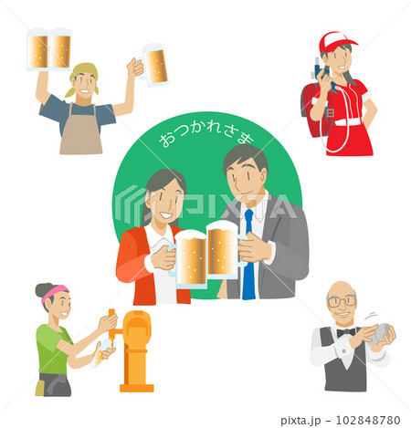 ビールで乾杯するカップルとお店の人々 ビールで乾杯するカップルとお店の人々 102848780