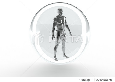 3D illustration of a male silver body on a white background. Metal mannequin in security bubble. 3D illustration of a male silver body on a white background. Metal mannequin in security bubble. 102848876