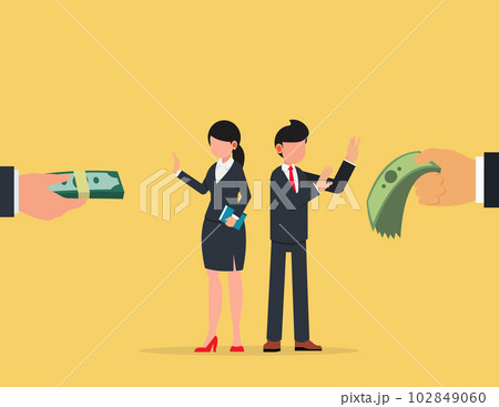 Rejection concept. Business man and woman refusing bribes offered for corporate corruption Rejection concept. Business man and woman refusing bribes offered for corporate corruption 102849060