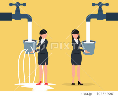 Contrast between business. Business woman and leaking bucket. 102849061
