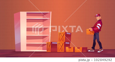 Cartoon delivery man carrying wooden box Cartoon delivery man carrying wooden box 102849292