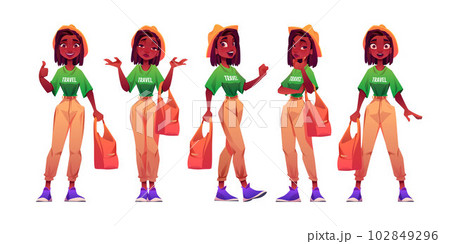 Cartoon set of young female traveler on white Cartoon set of young female traveler on white 102849296