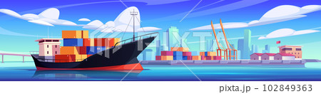 Cartoon cargo ship in maritime port 102849363