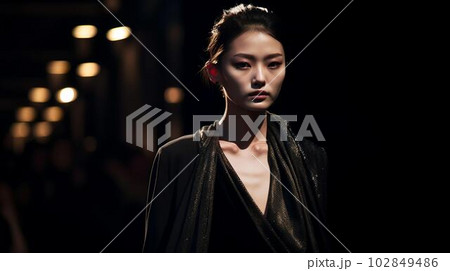 ファッションショーでランウェイを歩くアジア人モデルの女性(Generative AI) ファッションショーでランウェイを歩くアジア人モデルの女性(Generative AI) 102849486