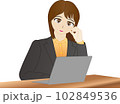 パソコンの前で頬杖をついているスーツ姿の女性 102849536