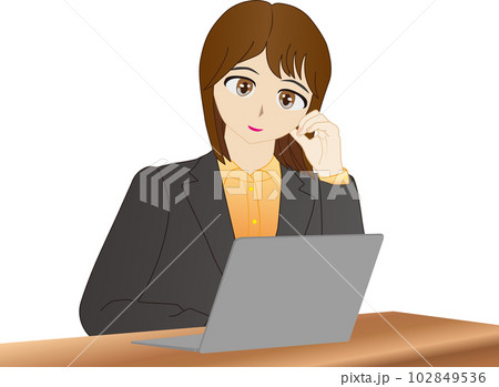 パソコンの前で頬杖をついているスーツ姿の女性 102849536