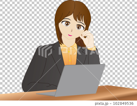 パソコンの前で頬杖をついているスーツ姿の女性 102849536