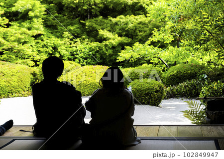 初夏の詩仙堂丈山寺の風景　新緑の庭園を眺める人のシルエット　京都府京都市 102849947