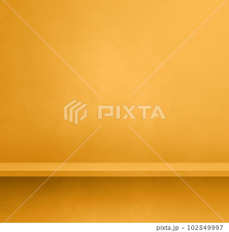 Empty shelf on a yellow gold concrete wall. Background template. Square mockup Empty shelf on a yellow gold concrete wall. Background template. Square mockup 102849997