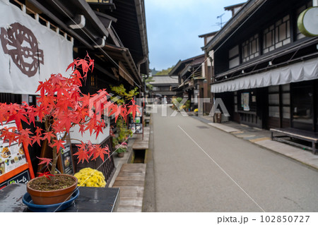 岐阜県高山市　秋のもみじの紅葉が美しい飛騨高山の古い町並 102850727
