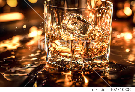 Glass of whiskey with ice cubes on a bar counter in a nightclub Glass of whiskey with ice cubes on a bar counter in a nightclub 102850800