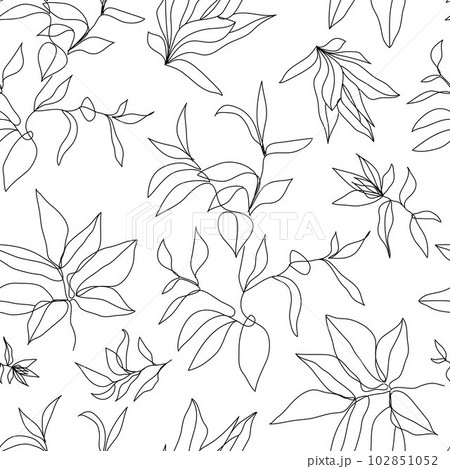 Vector floral linear seamless background, plants and leaves. One, continuous line pattern, hand drawn style. Monoline doodle. 102851052