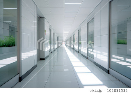 the corridor of a modern office building showing white walls with Generative AI 102851532
