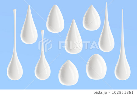 White cream drops, cosmetics beauty skin care product isolated on blue background, milk, lotion, soap or shampoo, falling droplets with liquid texture, realistic 3d render icons set. 3D illustration 102851861