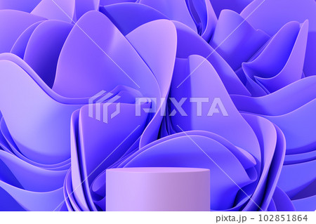 Podium with floral layered background 3d render. Abstract geometric stage, blank platform with purple wavy fabric, folded in shape flower for display cosmetic product, mockup banner. 3D illustration Podium with floral layered background 3d render. Abstract geometric stage, blank platform with purple wavy fabric, folded in shape flower for display cosmetic product, mockup banner. 3D illustration 102851864