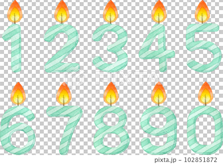 薄荷綠色數字形蠟燭(數位蠟燭)水彩插圖(套裝素材) 薄荷綠色數字形蠟燭(數位蠟燭)水彩插圖(套裝素材) 102851872