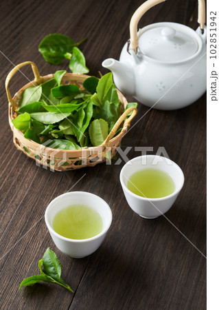 急須で淹れた緑茶と摘みたての茶葉 102851942
