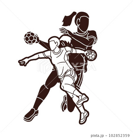 Group of Handball Players Female Mix Action Cartoon Sport Team Graphic Vector 102852359