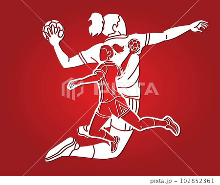Group of Handball Players Female Mix Action Cartoon Sport Team Graphic Vector 102852361