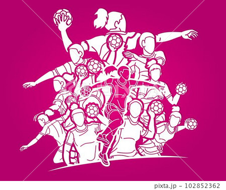 Group of Handball Players Female Mix Action Cartoon Sport Team Graphic Vector 102852362