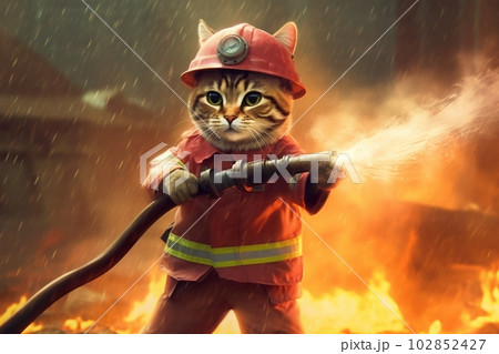 Cat firefighter in firefighting: AI work - Stock Illustration
