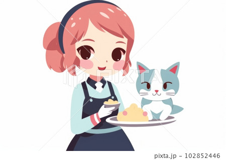 女の子のウェイトレスと猫：AI作品 102852446
