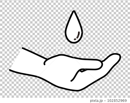 液体のしずくを受け止める手のイラスト - 消毒、節水のイメージ（白黒） 102852969