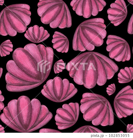 Cute, pink, seashell. watercolor illustration. pattern on a black background.For children's things, clothes, fabrics, postcards, stationery, toys, interior, bed linen, wrapping paper. Cute, pink, seashell. watercolor illustration. pattern on a black background.For children's things, clothes, fabrics, postcards, stationery, toys, interior, bed linen, wrapping paper. 102853055