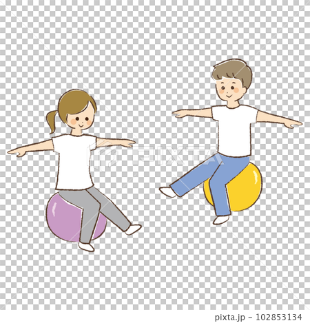 バランスボールに乗っている女性と男性 バランスボールに乗っている女性と男性 102853134