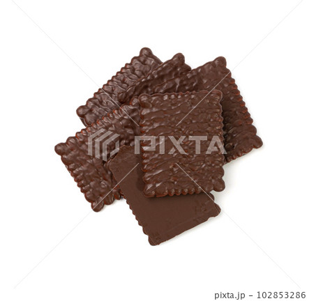 Biscuit Coated in Dark Chocolate Isolated, Square Cookies, Rectangular Shortbread, Crunchy Digestive Cookie Biscuit Coated in Dark Chocolate Isolated, Square Cookies, Rectangular Shortbread, Crunchy Digestive Cookie 102853286