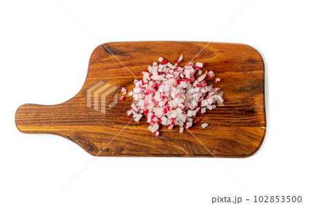 Sliced Radish Roots, Red Root Cuts, Red Radishes Slice Pile, Radis Pieces on Wood Background 102853500