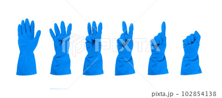 Blue Gloves Set Isolated, Gloved Hands, Protective Rubber Glove Collection on White 102854138