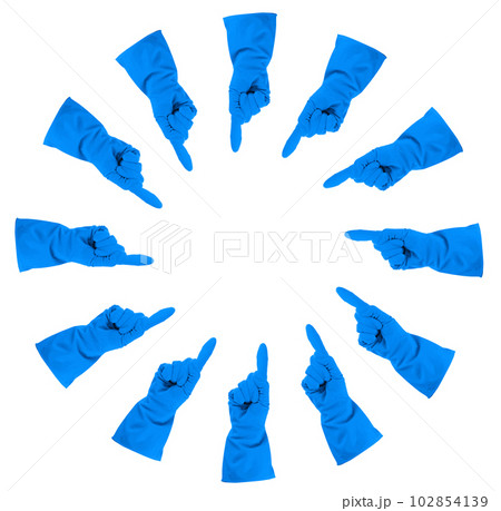 Blue Gloves Set Isolated, Gloved Hands, Protective Rubber Glove Collection on White 102854139