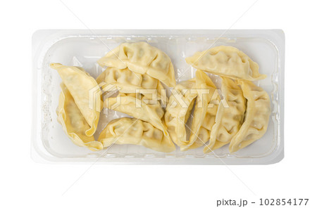 Gyoza Chinese Dumplings in Box Isolated, Vegetable Jiaozi Portion, Chicken Momo Pile, Asian Gyoza Group on White Gyoza Chinese Dumplings in Box Isolated, Vegetable Jiaozi Portion, Chicken Momo Pile, Asian Gyoza Group on White 102854177