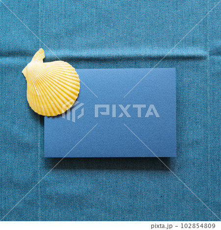 Blank memo paper with summer marine seashell on blue fabric background. top view, copy space Blank memo paper with summer marine seashell on blue fabric background. top view, copy space 102854809