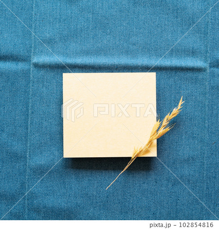Yellow memo paper with dry plant on blue fabric background. top view, copy space 102854816