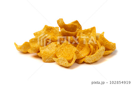 Lentil Chips Isolated, Lentils Crisps, Healthy Orange Snack, Fried Organic Crunchies, Lentil Chips on White 102854919