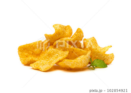 Lentil Chips Isolated, Lentils Crisps, Healthy Orange Snack, Fried Organic Crunchies, Lentil Chips on White 102854921