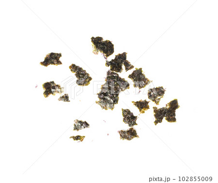 Nori Pieces Isolated, Dried Aonori Seaweed Flakes, Dry Sea Weed Torn Sheet, Seaweed Crumbles, Nori Pieces on White Nori Pieces Isolated, Dried Aonori Seaweed Flakes, Dry Sea Weed Torn Sheet, Seaweed Crumbles, Nori Pieces on White 102855009