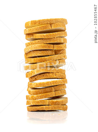 Dry Round Crackers Isolated, Sliced French Baguette Bread, Crunchy Croutons, Bruschetta Crackers, Round Rusks Dry Round Crackers Isolated, Sliced French Baguette Bread, Crunchy Croutons, Bruschetta Crackers, Round Rusks 102855467
