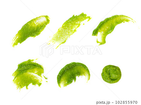 Wasabi Smear Isolated, Green Sushi Paste, Wasabi Paste Smear on White Background Wasabi Smear Isolated, Green Sushi Paste, Wasabi Paste Smear on White Background 102855970
