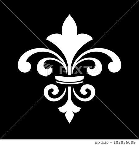 White royal lily on a black background. Heraldic sign, logo, design element, decoration. Graphic vector pattern. 102856088