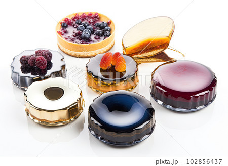 Yellow Cake, Color Round Mirror Glazed Dessert, Shining Brown Cakes, Abstract Generative AI Illustration 102856437