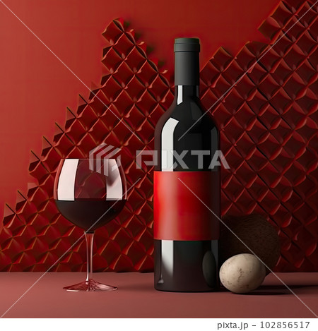 Red Wine Bottle Mockup with Glass, Wineglass, Red Drink, Dry Red Wine, Abstract Generative AI Illustration 102856517