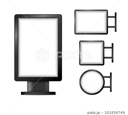 Street sign hanging mounted illuminated lightbox isolated on transparent background. realistic empty blank mockup template. Vector 102856749