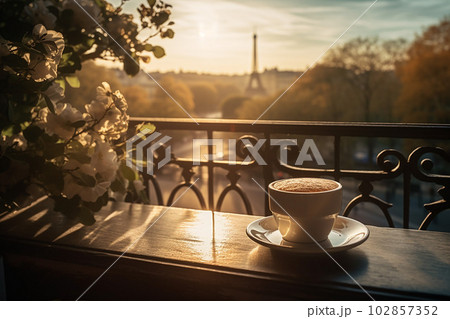 Hot coffee cappuccino latte with Paris Eiffel tower view. Abstract, relax and travel vintage style background 102857352